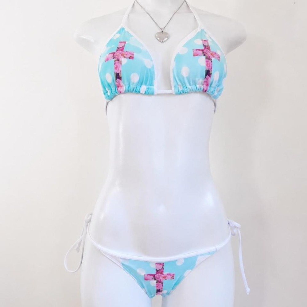 floral cross polka dot bikini set y2k coquette mcbling saint pink by charlotte
